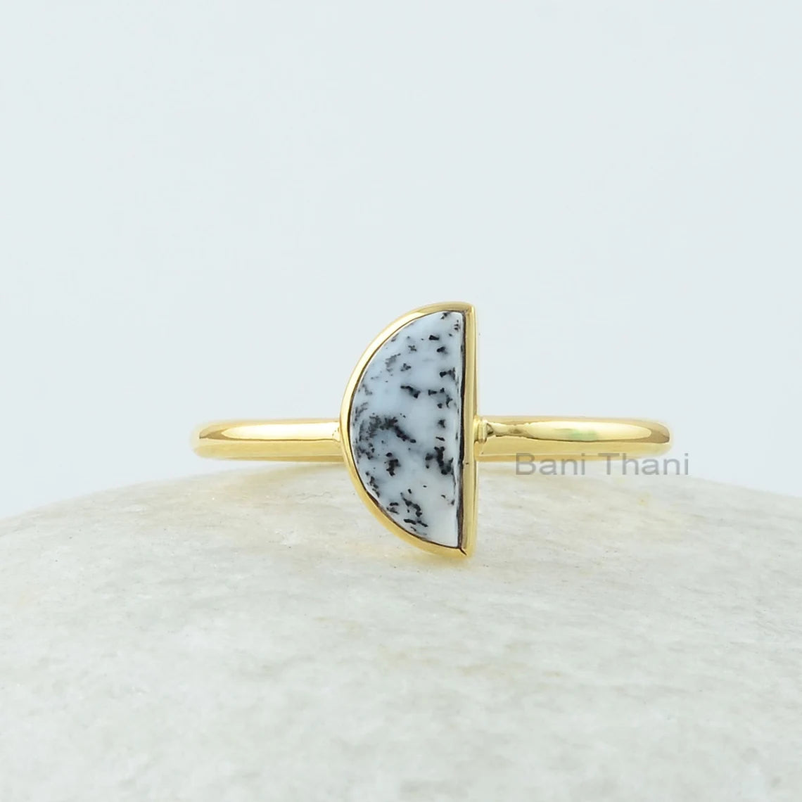 Half Moon Ring, Dendrite Agate 5x10 mm Half Moon Gemstone Ring, 18k Gold Plated Ring, 925 Silver Half Moon Stone Ring, Dendrite Agate Ring