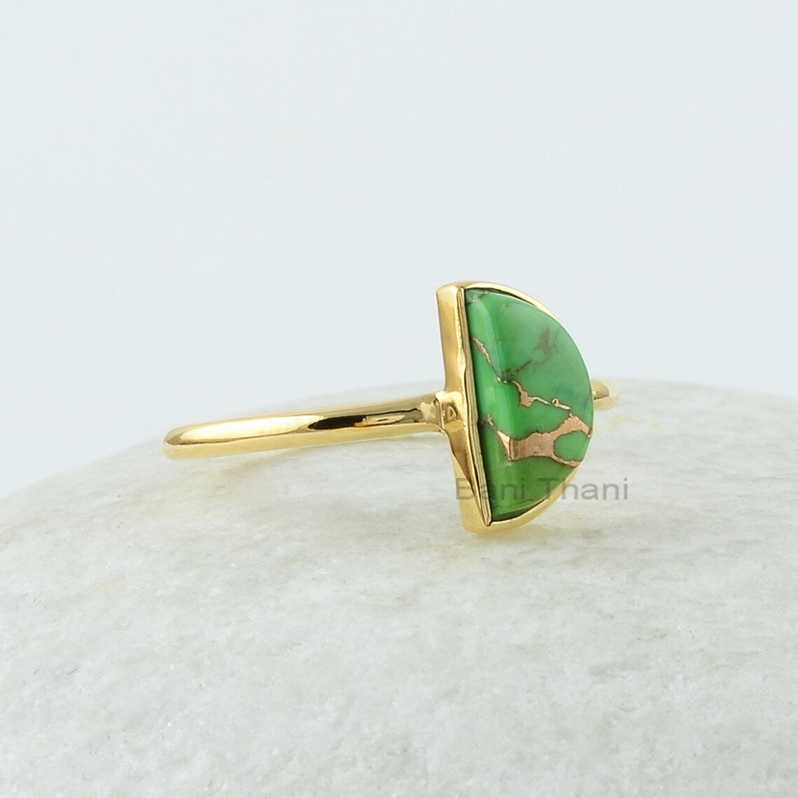 Half Moon Ring, Green Copper Turquoise 5x10mm Half Moon Gemstone Ring, Bezel Ring, 18k Gold Plated Half moon Ring, 925 Silver Turquoise Ring