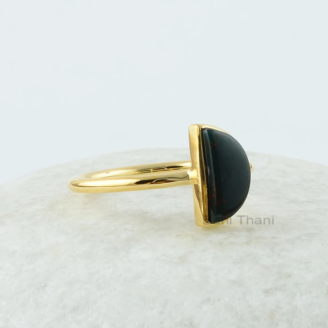 Half Moon Ring, Bloodstone 5x10mm Half Moon Gemstone, 18k Gold Plated Bezel Ring, 925 Silver Bloodstone Jewelry, Bloodstone Ring For Women