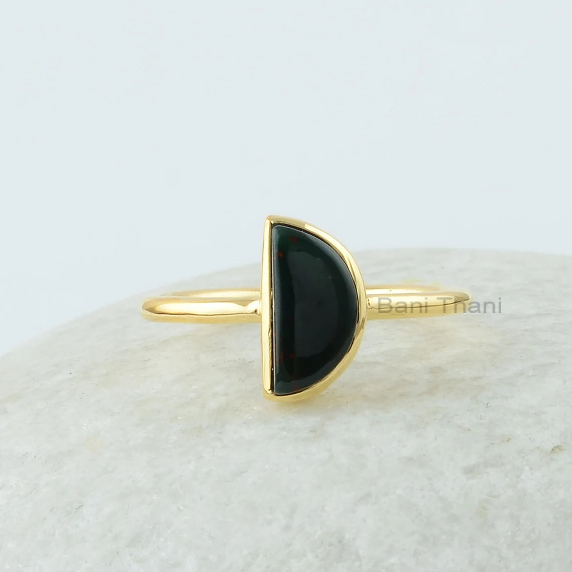 Half Moon Ring, Bloodstone 5x10mm Half Moon Gemstone, 18k Gold Plated Bezel Ring, 925 Silver Bloodstone Jewelry, Bloodstone Ring For Women