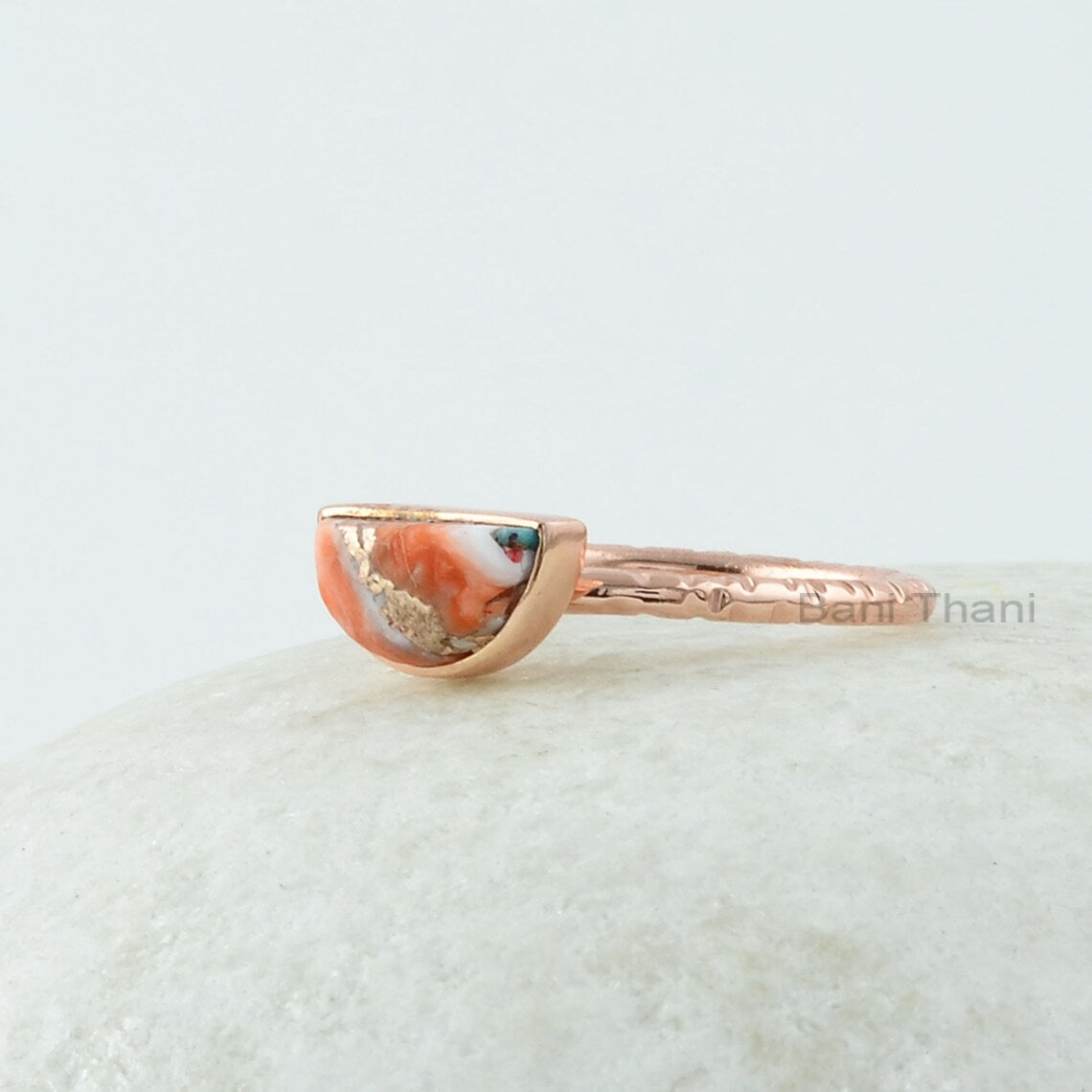 Half Moon Ring - Oyster Copper Turquoise 5x10mm Half Moon Gemstone Ring - Rose Gold Plated 925 Solid Silver Ring - Handmade Turquoise Ring