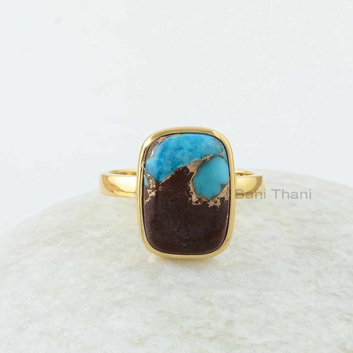 Lava Copper Turquoise Ring - 10x14mm Cushion - Gold Plated - Gemstone Ring - 925 Silver -Artisan Jewelry - Jewelry for Prom -Gift for Friend