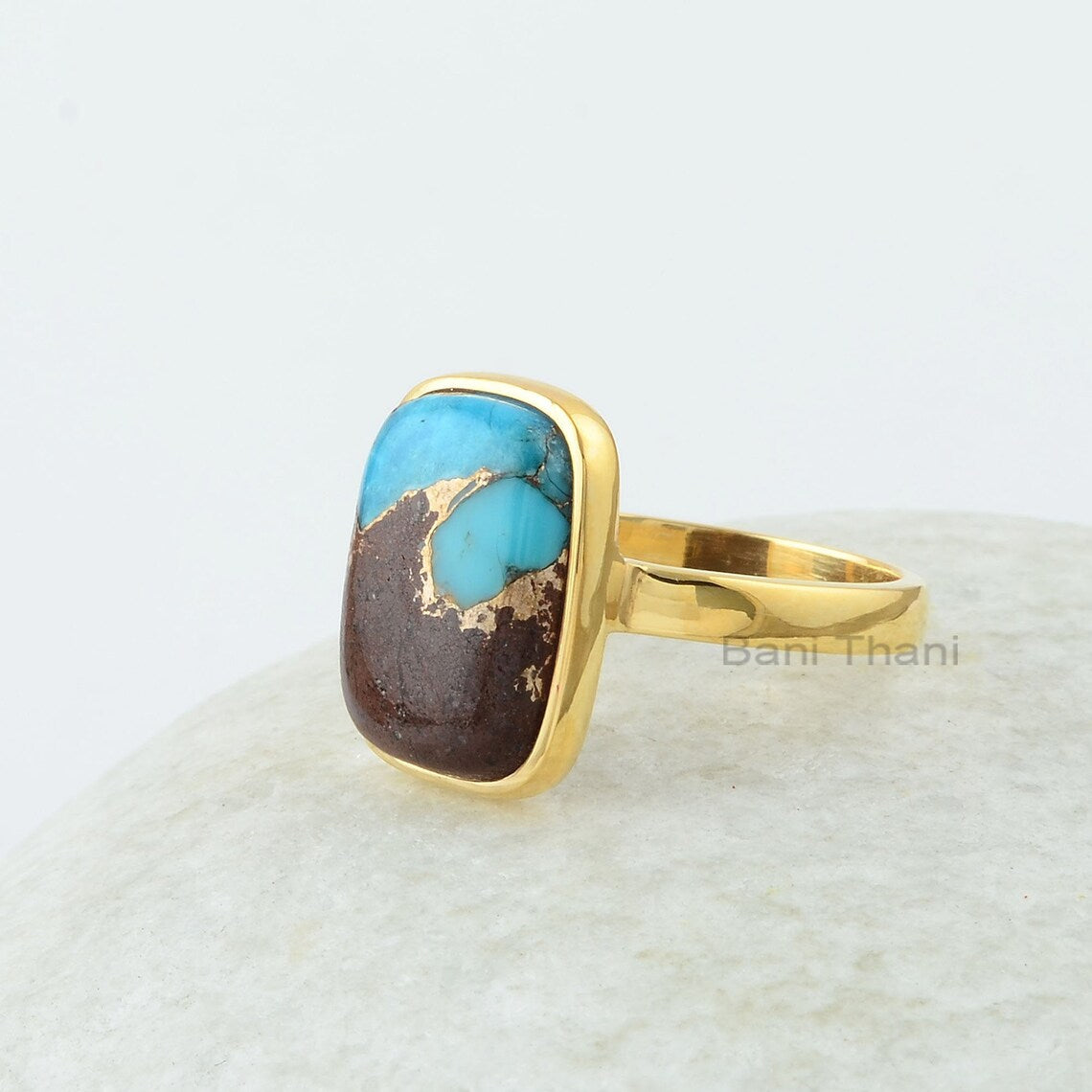 Lava Copper Turquoise Ring - 10x14mm Cushion - Gold Plated - Gemstone Ring - 925 Silver -Artisan Jewelry - Jewelry for Prom -Gift for Friend