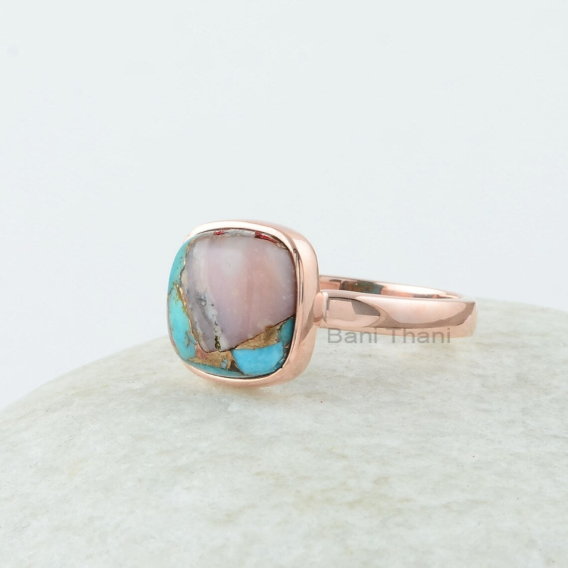 Turquoise Ring - 925 Silver - Pink Opal Copper Turquoise - Cushion Ring - Rose Gold Plated Ring- Sterling Silver Ring, Mojave Turquoise Ring