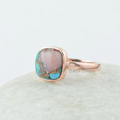 Turquoise Ring - 925 Silver - Pink Opal Copper Turquoise - Cushion Ring - Rose Gold Plated Ring- Sterling Silver Ring, Mojave Turquoise Ring