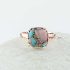 Turquoise Ring - 925 Silver - Pink Opal Copper Turquoise - Cushion Ring - Rose Gold Plated Ring- Sterling Silver Ring, Mojave Turquoise Ring