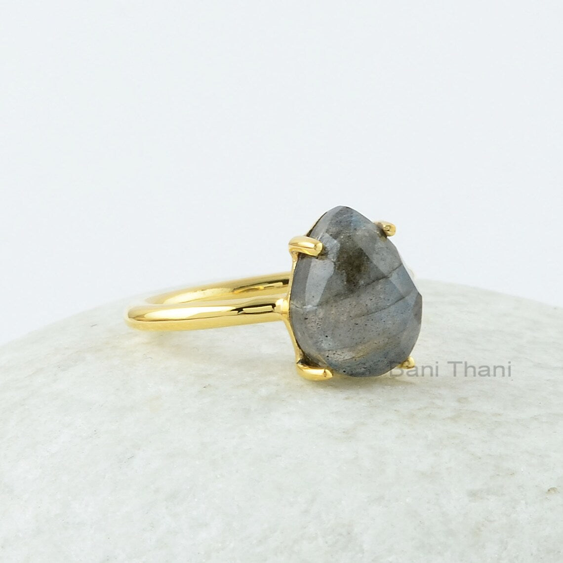 Gift for Mom - Labradorite 9x12mm Pear Shape Gemstone Ring - Gold Plated Ring - 925 Sterling Silver Ring - Prong Set Ring - Gift for Womens