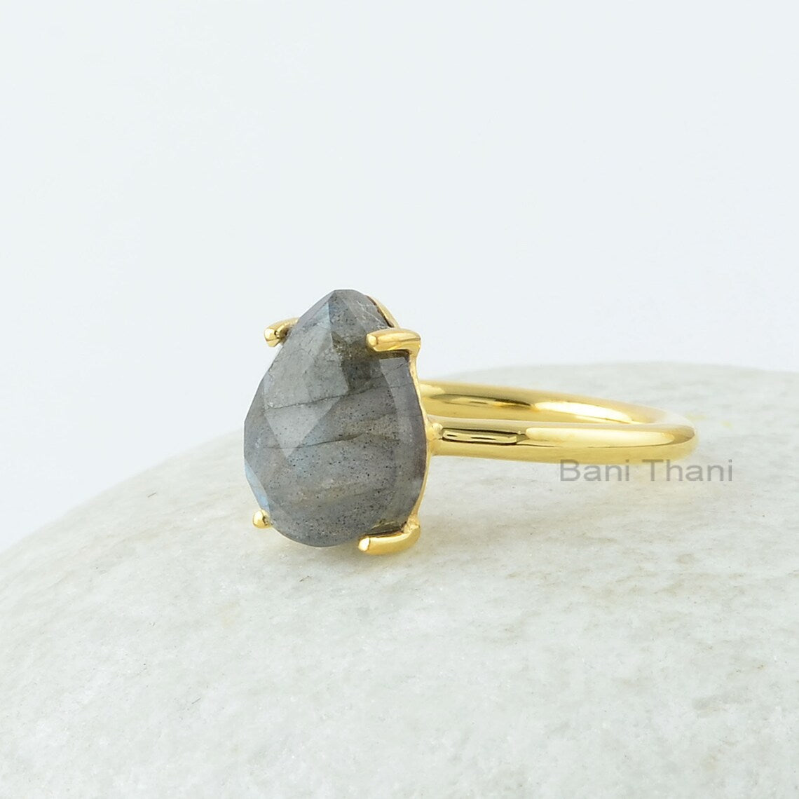 Gift for Mom - Labradorite 9x12mm Pear Shape Gemstone Ring - Gold Plated Ring - 925 Sterling Silver Ring - Prong Set Ring - Gift for Womens