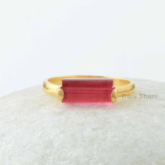 Tourmaline Ring, Pink Tourmaline Quartz 5 x 11 mm Rectangle Gemstone Silver Ring, 18k Gold Plated Pink Quartz Ring, Tourmaline Silver Ring