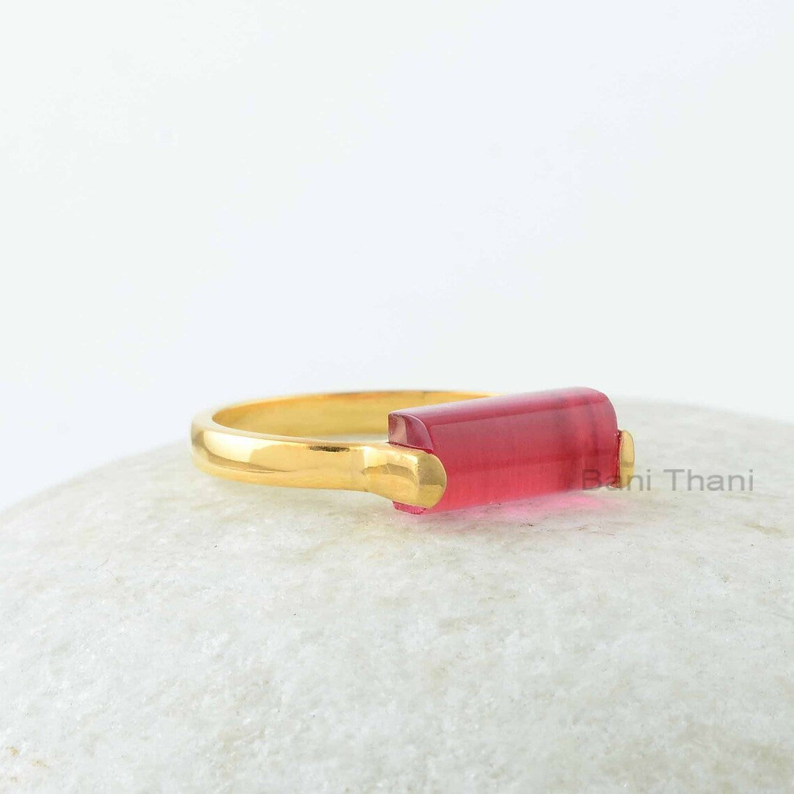 Tourmaline Ring, Pink Tourmaline Quartz 5 x 11 mm Rectangle Gemstone Silver Ring, 18k Gold Plated Pink Quartz Ring, Tourmaline Silver Ring