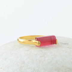 Tourmaline Ring, Pink Tourmaline Quartz 5 x 11 mm Rectangle Gemstone Silver Ring, 18k Gold Plated Pink Quartz Ring, Tourmaline Silver Ring