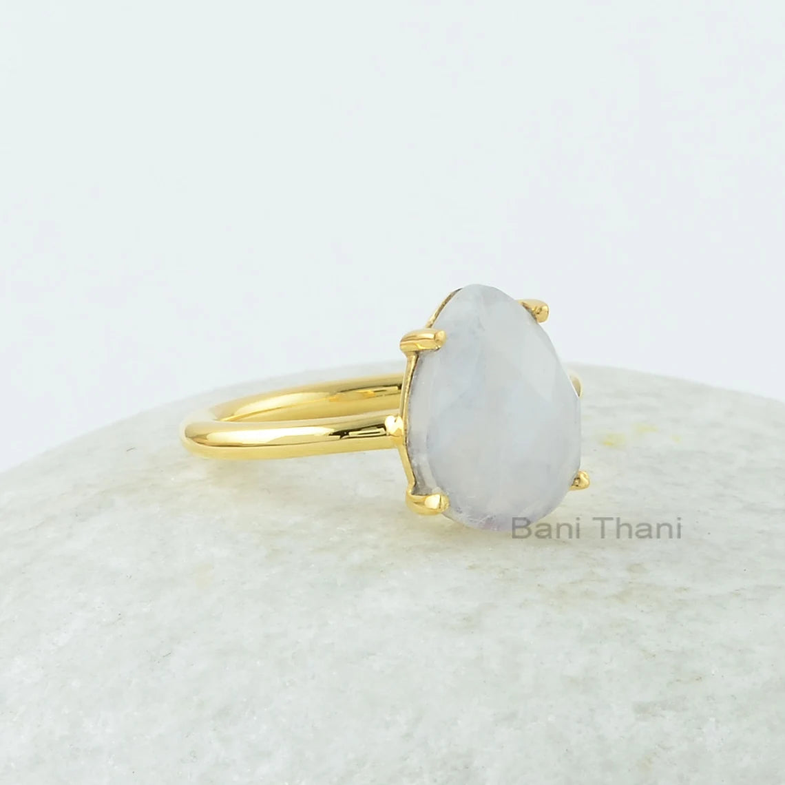 Moonstone Ring, Rainbow Moonstone 9x12mm Pear Shape Gemstone Ring, Prong Set Moonstone Ring, 18k Gold Plated Ring, 925 Silver Moonstone Ring