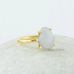 Moonstone Ring, Rainbow Moonstone 9x12mm Pear Shape Gemstone Ring, Prong Set Moonstone Ring, 18k Gold Plated Ring, 925 Silver Moonstone Ring