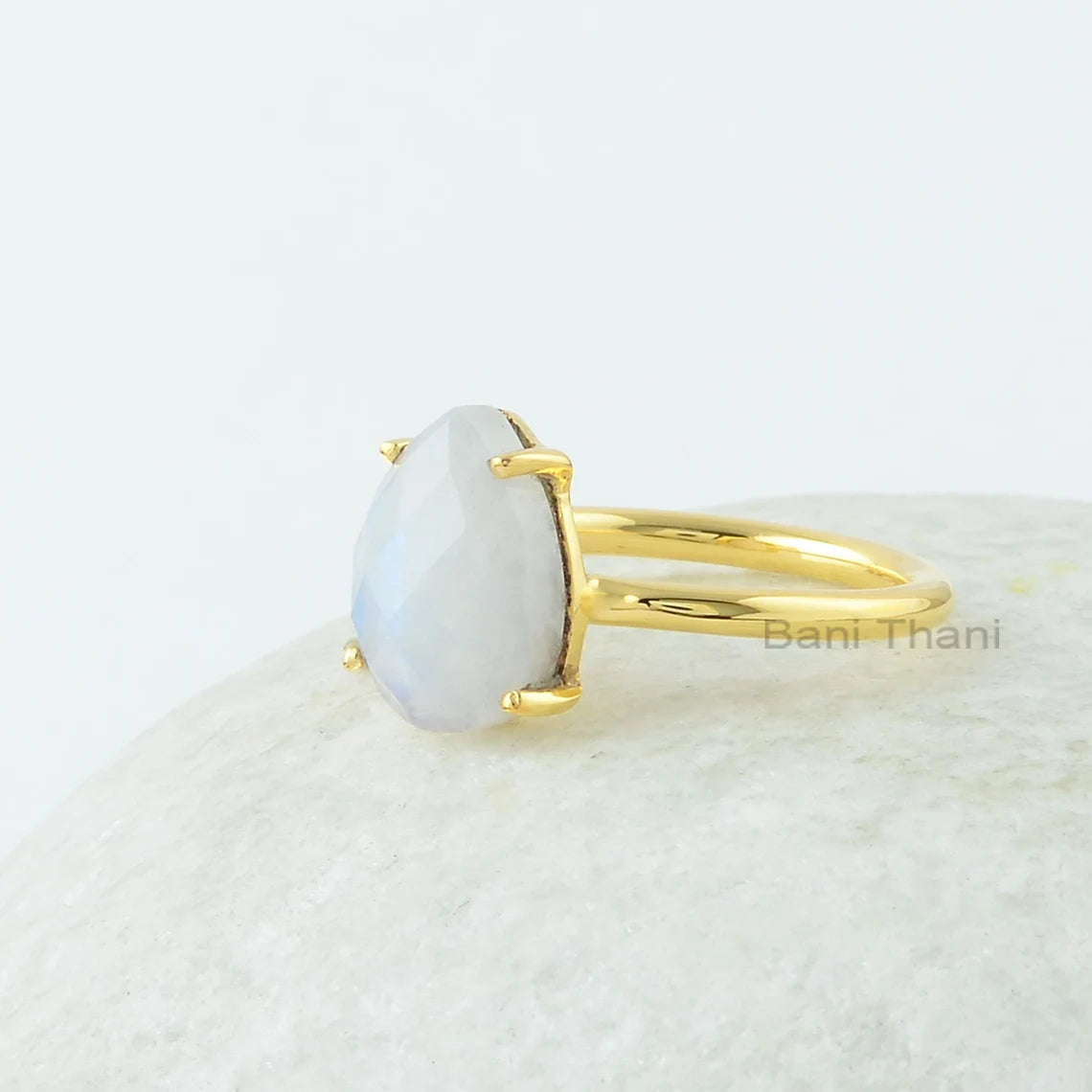 Moonstone Ring, Rainbow Moonstone 9x12mm Pear Shape Gemstone Ring, Prong Set Moonstone Ring, 18k Gold Plated Ring, 925 Silver Moonstone Ring