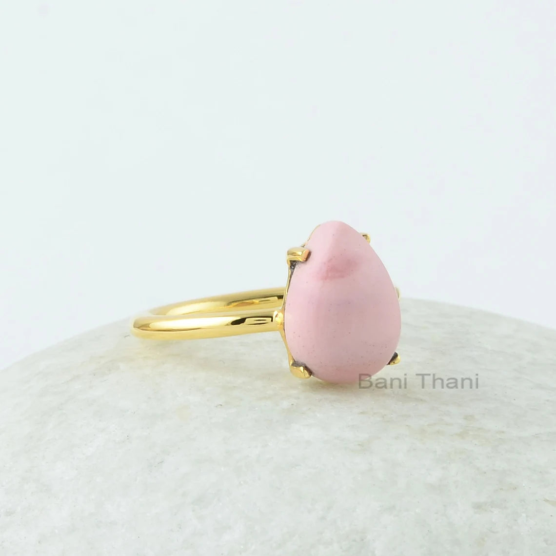 Opal Cabochon Ring, Pink Opal 9x12mm Pear Shape Gemstone Ring, 18k Gold Plated Pink Opal Ring, 925 Silver Ring, Prong Set Opal Cabochon Ring