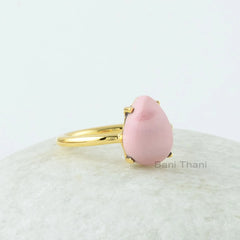 Opal Cabochon Ring, Pink Opal 9x12mm Pear Shape Gemstone Ring, 18k Gold Plated Pink Opal Ring, 925 Silver Ring, Prong Set Opal Cabochon Ring