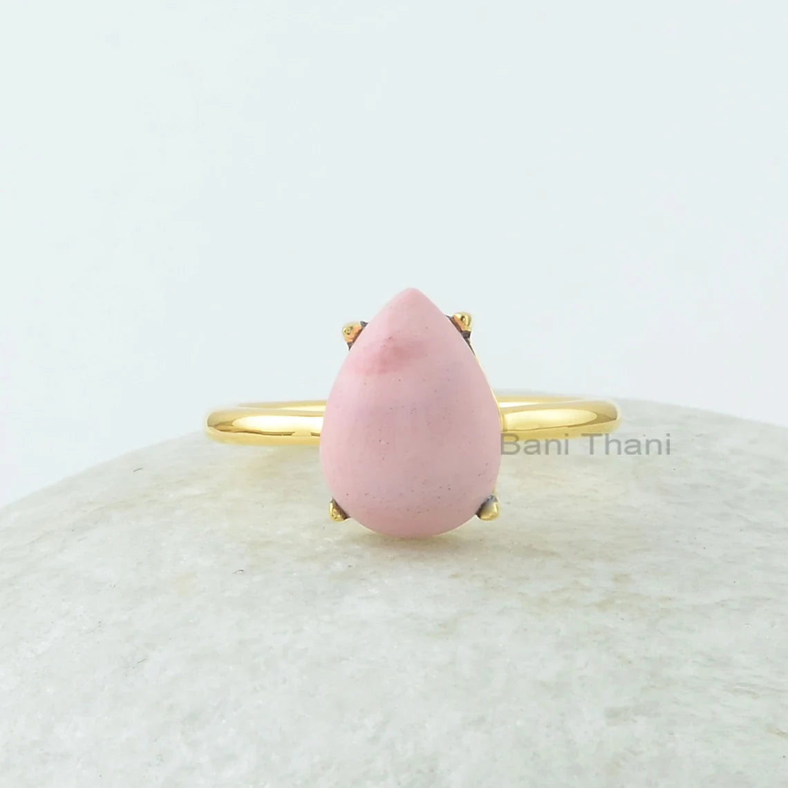 Opal Cabochon Ring, Pink Opal 9x12mm Pear Shape Gemstone Ring, 18k Gold Plated Pink Opal Ring, 925 Silver Ring, Prong Set Opal Cabochon Ring