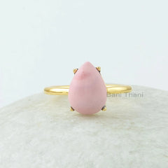 Opal Cabochon Ring, Pink Opal 9x12mm Pear Shape Gemstone Ring, 18k Gold Plated Pink Opal Ring, 925 Silver Ring, Prong Set Opal Cabochon Ring