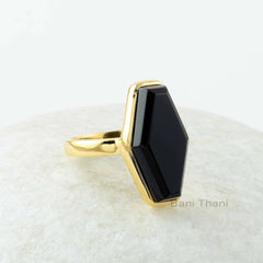 Black Onyx Ring - Gold Plated Ring - 10x18mm Hexagon - 925 Sterling Silver - Birthstone Jewelry - Jewelry for Young Sister - Gift for Womens