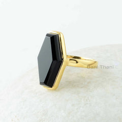 Black Onyx Ring - Gold Plated Ring - 10x18mm Hexagon - 925 Sterling Silver - Birthstone Jewelry - Jewelry for Young Sister - Gift for Womens