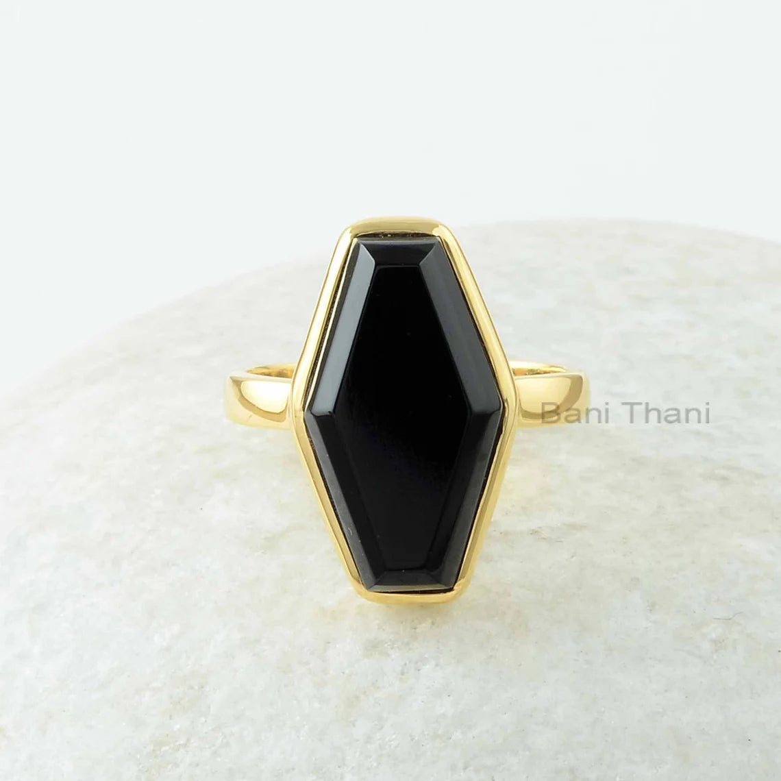 Black Onyx Ring - Gold Plated Ring - 10x18mm Hexagon - 925 Sterling Silver - Birthstone Jewelry - Jewelry for Young Sister - Gift for Womens