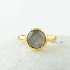 Gold Plated Labradorite Ring - Labradorite 9mm Round Shape Gemstone Ring - 925 Silver Bezel Ring - Round Labradorite Gemstone Ring For Women