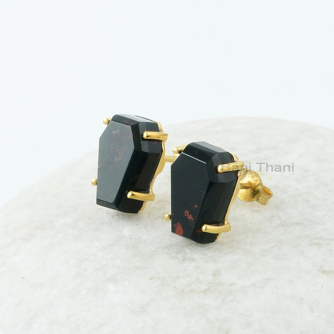 Bloodstone Stud Earrings - Sterling Silver - Gold Plated Studs - Prong Set Coffin - Birthstone Jewelry - Gift For Girls - Jewelry for Date