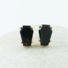 Bloodstone Stud Earrings - Sterling Silver - Gold Plated Studs - Prong Set Coffin - Birthstone Jewelry - Gift For Girls - Jewelry for Date