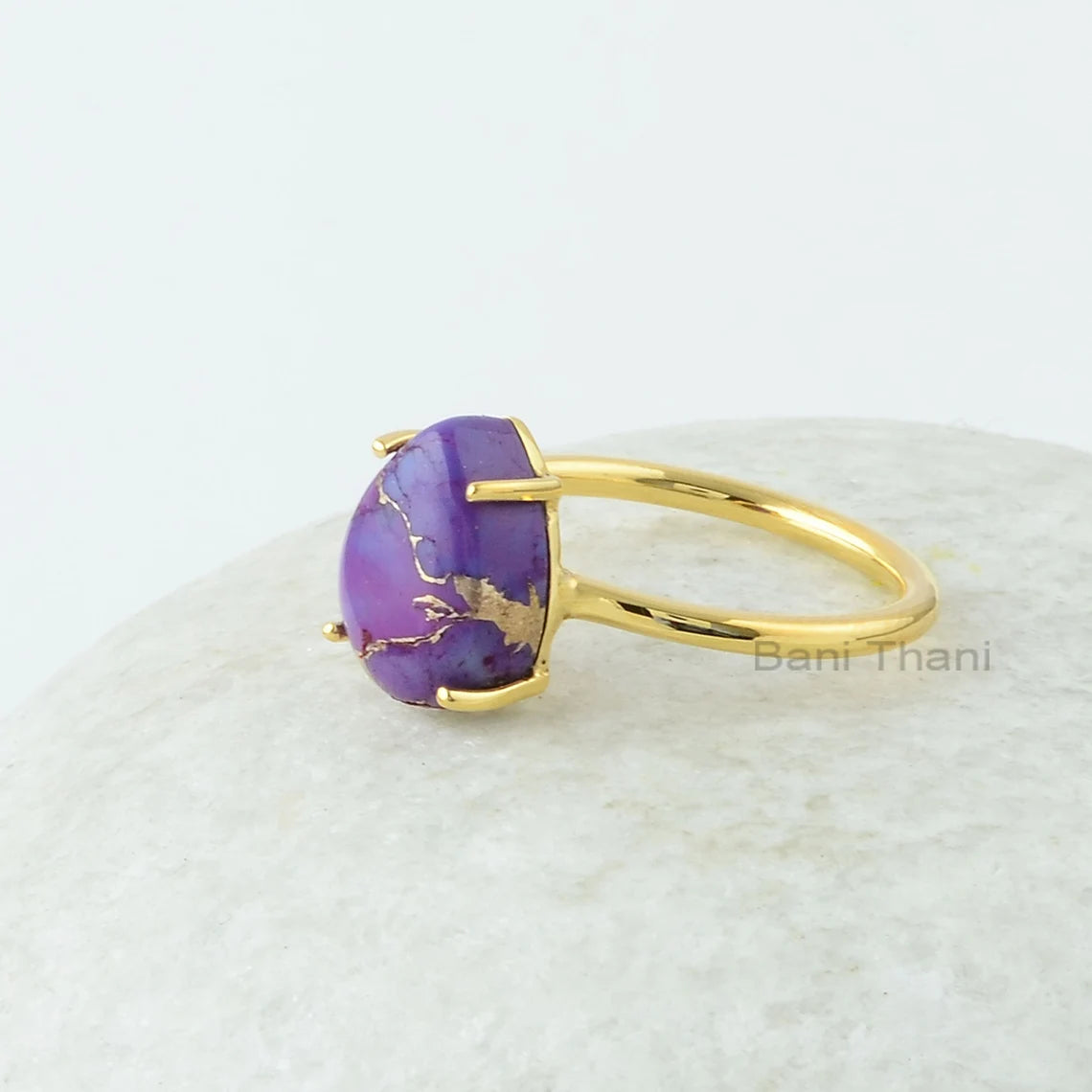 Purple Copper Turquoise Gemstone Ring - 9x12mm Pear Gemstone Ring - Prong Set Ring - 18k Gold Plated Ring - Rings for Women - Gifft for Her