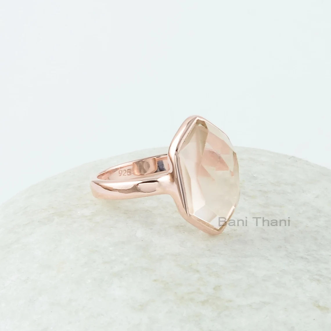 Morganite Ring - Pure Silver - Handcrafted Ring - Rose Gold Plated - Faceted Hexagon - Healing Jewelry - Gift For Lady - Jewelry For Bride