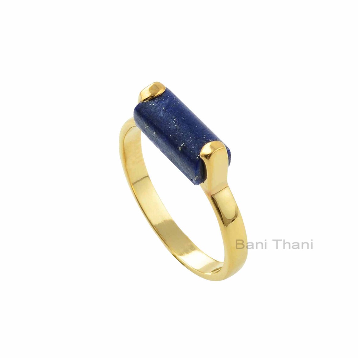 Lapis Ring, Lapis Lazuli 5x11 mm Rectangle Shape Gemstone Silver Ring, 18k Gold Plated Prong Set Ring, Blue Gemstone Rings For Mom