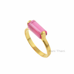 Tourmaline Ring, Pink Tourmaline Quartz 5 x 11 mm Rectangle Gemstone Silver Ring, 18k Gold Plated Pink Quartz Ring, Tourmaline Silver Ring