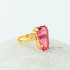 Gorgeous Coffin Ring, Pink Tourmaline Quartz 10x17 mm Coffin Gemstone Ring, Stylish Prong Ring, Gold Plated Quartz Ring, Womens Silver Ring