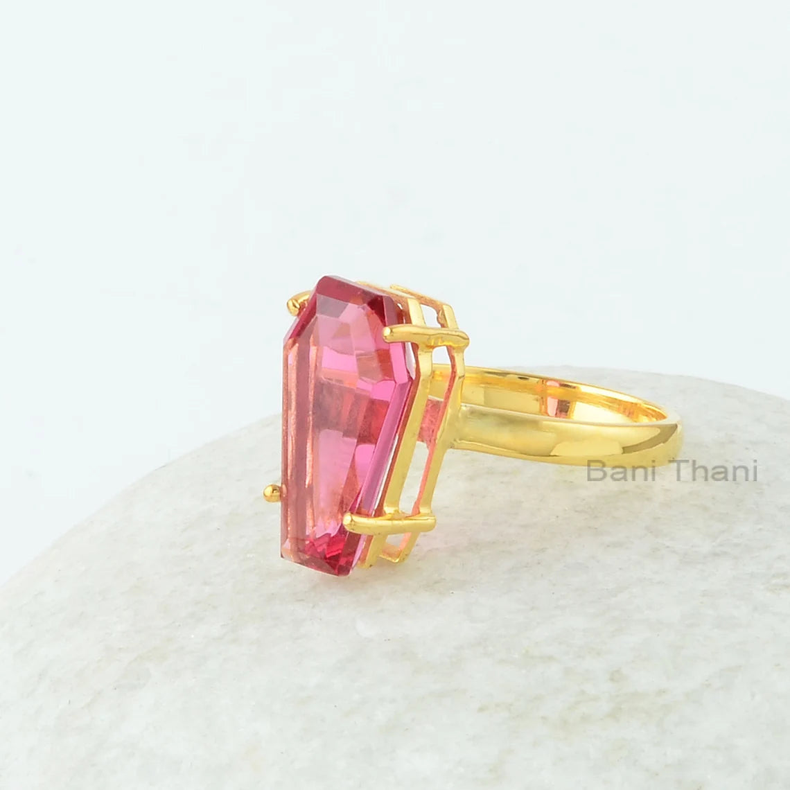 Gorgeous Coffin Ring, Pink Tourmaline Quartz 10x17 mm Coffin Gemstone Ring, Stylish Prong Ring, Gold Plated Quartz Ring, Womens Silver Ring