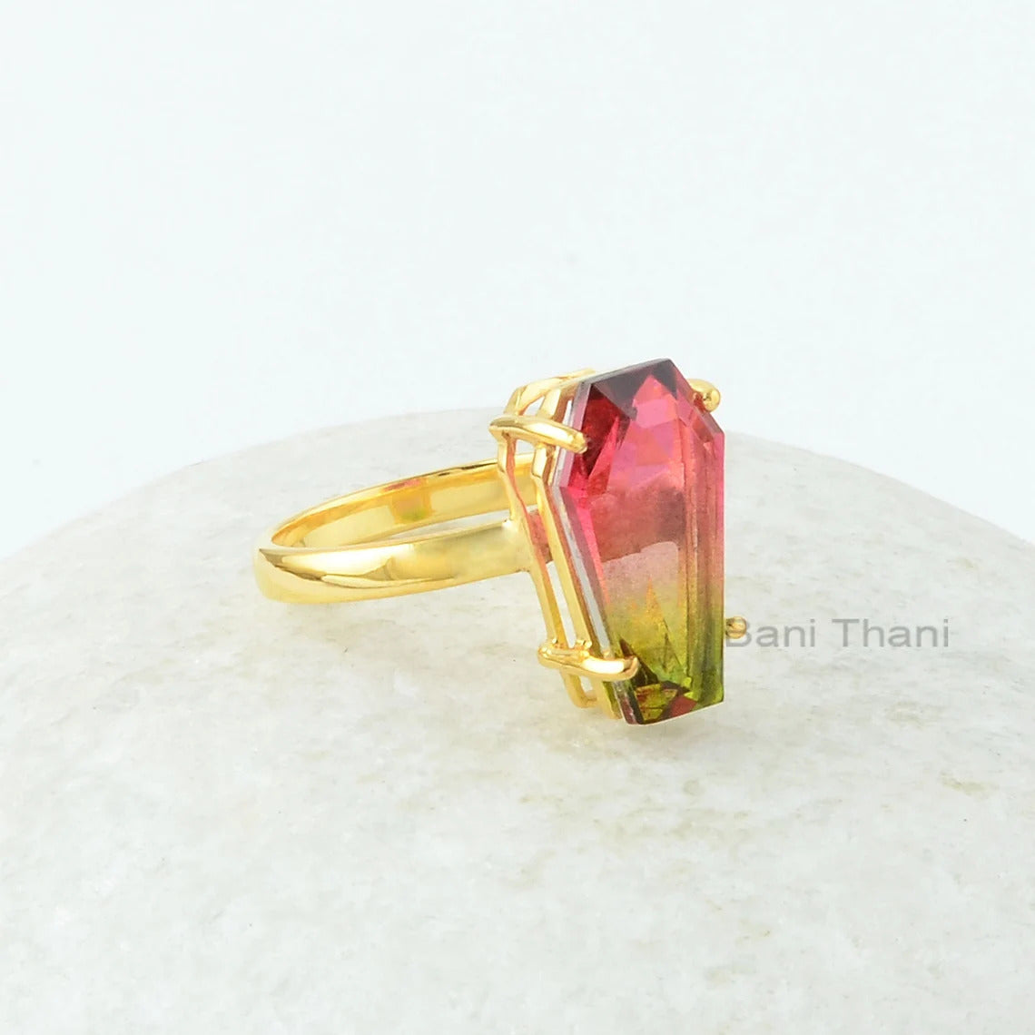 Coffin Ring - Bi-Color Tourmaline Quartz Ring - 10x17mm Gemstone - Gold Plated Ring - 925 Solid Silver Ring - Prong Set Ring - Gift for Her