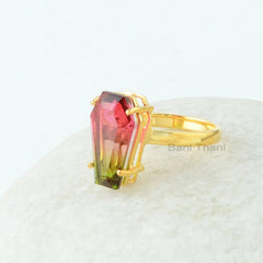 Coffin Ring - Bi-Color Tourmaline Quartz Ring - 10x17mm Gemstone - Gold Plated Ring - 925 Solid Silver Ring - Prong Set Ring - Gift for Her