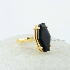 Onyx Ring, Black Onyx 10x18mm Hexagon Shape Gemstone Ring, 18k Gold Plated Prong Ring for Women, 925 Sterling Silver Ring Jewelry For Mom