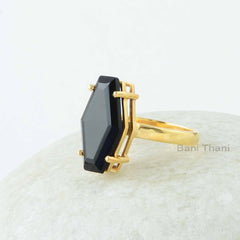 Onyx Ring, Black Onyx 10x18mm Hexagon Shape Gemstone Ring, 18k Gold Plated Prong Ring for Women, 925 Sterling Silver Ring Jewelry For Mom