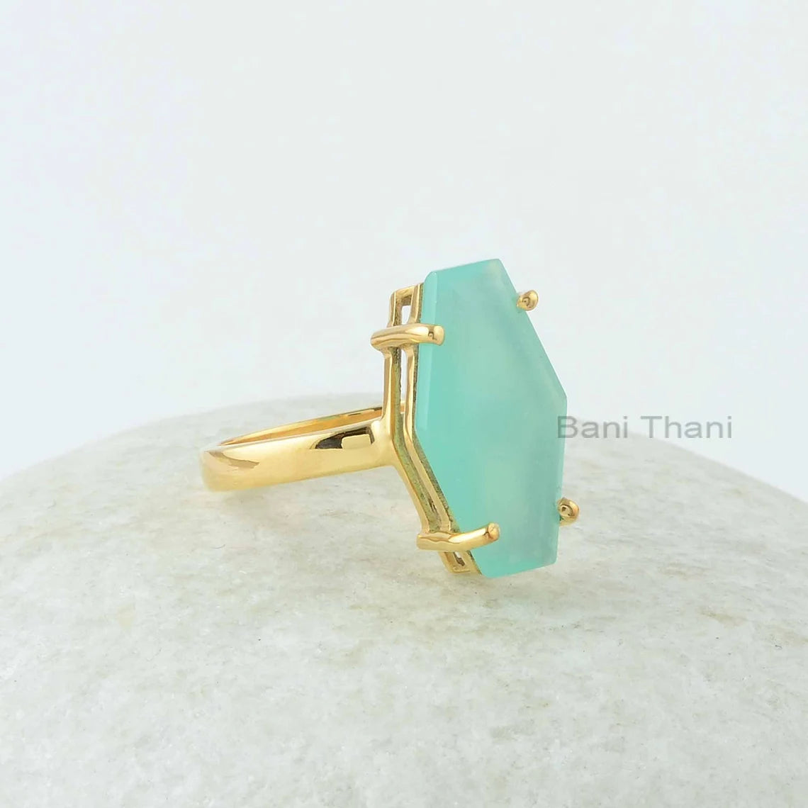 Amazing Chalcedony Ring, Aqua Chalcedony 10x18mm Hexagon Shape Gemstone Ring, 925 Silver Handmade Ring, 18k Gold Plated Prong Ring jewelry