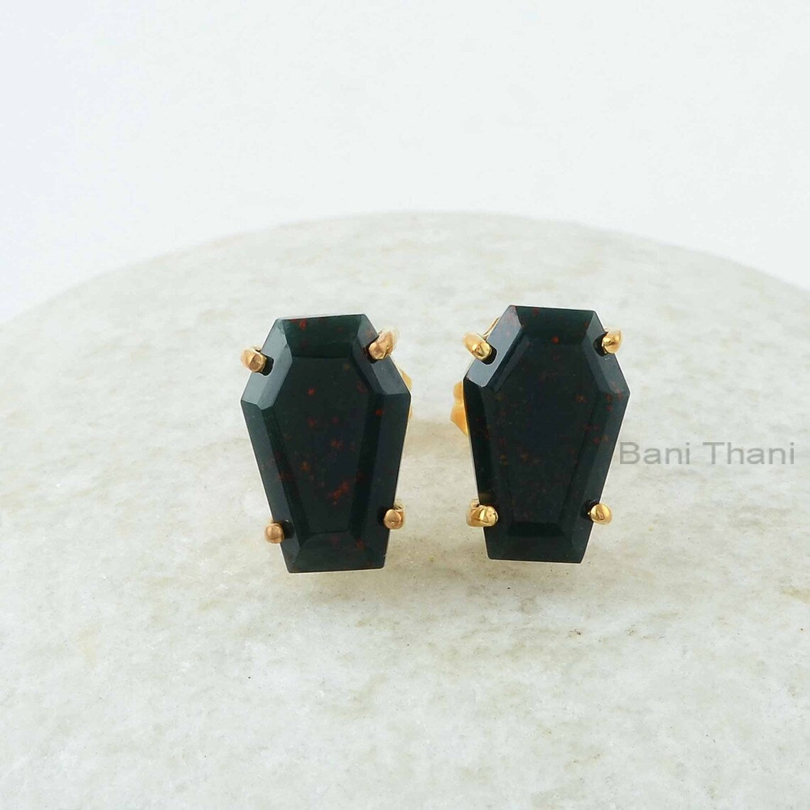 Bloodstone Earrings, Bloodstone 8x12mm Coffin Shape Gemstone Earrings, 18k Gold Plated Prong Set Studs, 925 Silver Coffin Earrings Jewelry