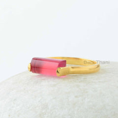 Tourmaline Ring, Pink Tourmaline Quartz 5 x 11 mm Rectangle Gemstone Silver Ring, 18k Gold Plated Pink Quartz Ring, Tourmaline Silver Ring