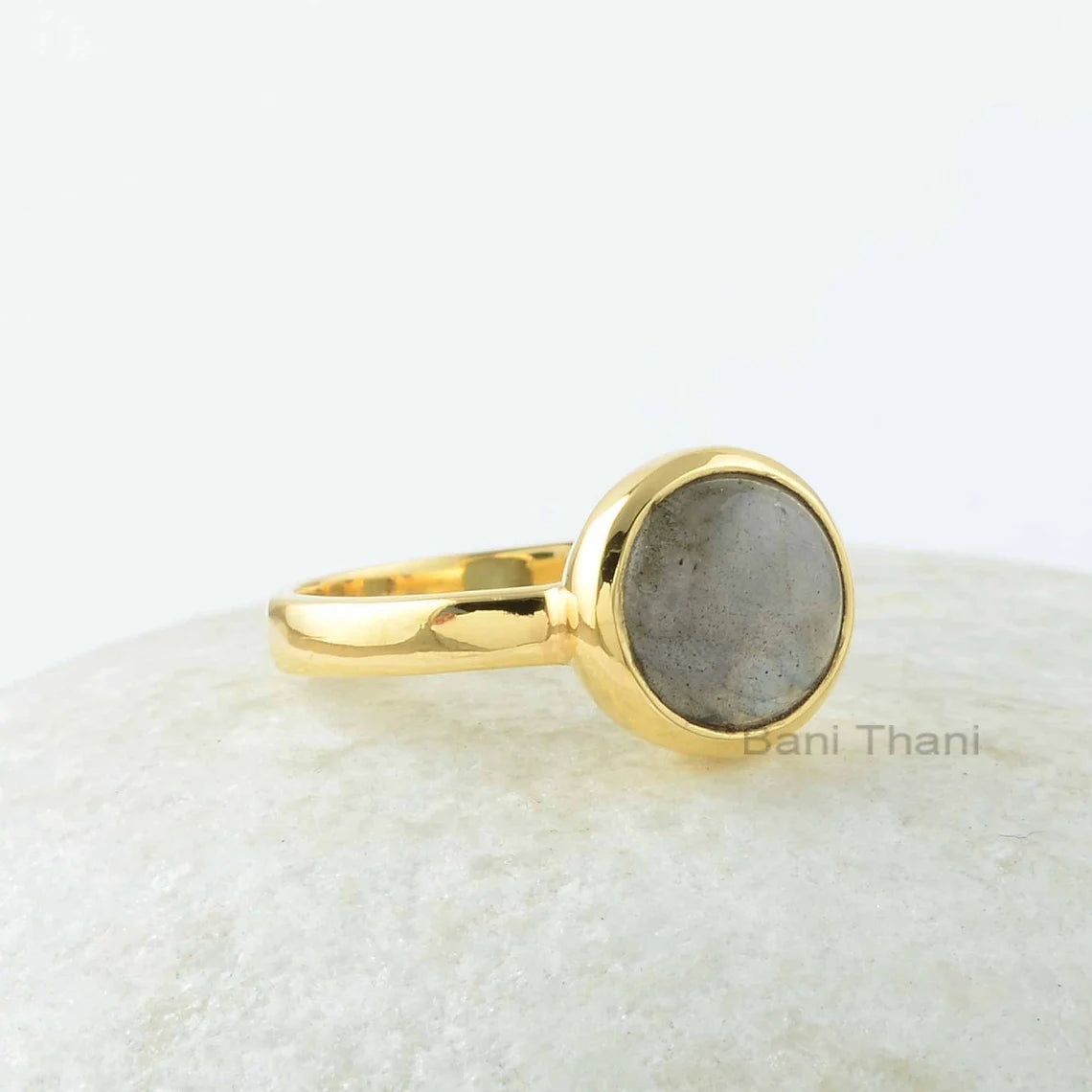 Gold Plated Labradorite Ring - Labradorite 9mm Round Shape Gemstone Ring - 925 Silver Bezel Ring - Round Labradorite Gemstone Ring For Women