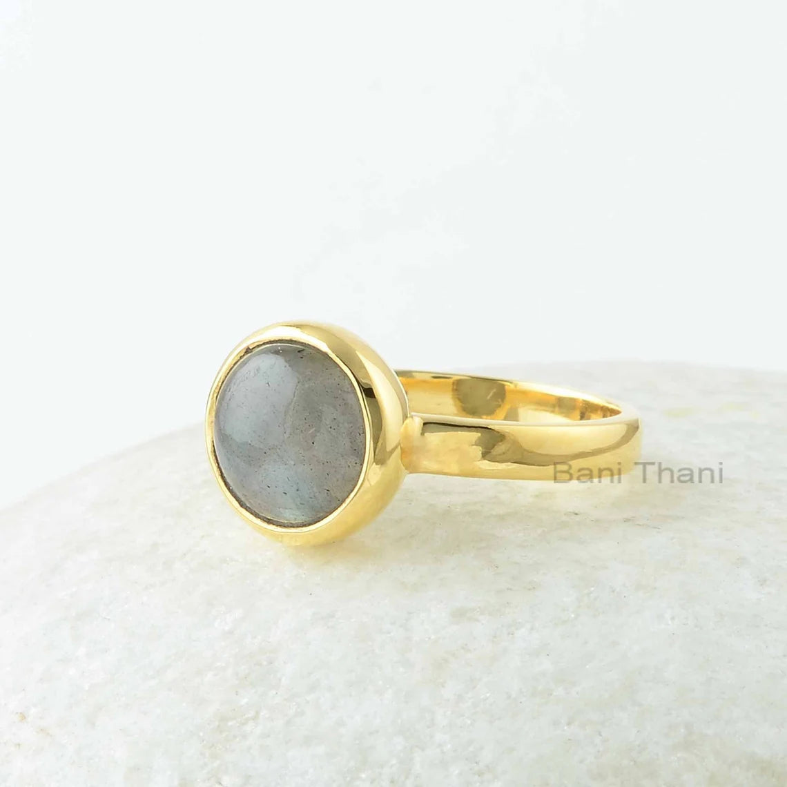 Gold Plated Labradorite Ring - Labradorite 9mm Round Shape Gemstone Ring - 925 Silver Bezel Ring - Round Labradorite Gemstone Ring For Women