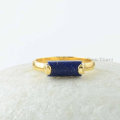 Lapis Ring, Lapis Lazuli 5x11 mm Rectangle Shape Gemstone Silver Ring, 18k Gold Plated Prong Set Ring, Blue Gemstone Rings For Mom