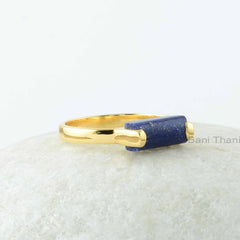 Lapis Ring, Lapis Lazuli 5x11 mm Rectangle Shape Gemstone Silver Ring, 18k Gold Plated Prong Set Ring, Blue Gemstone Rings For Mom