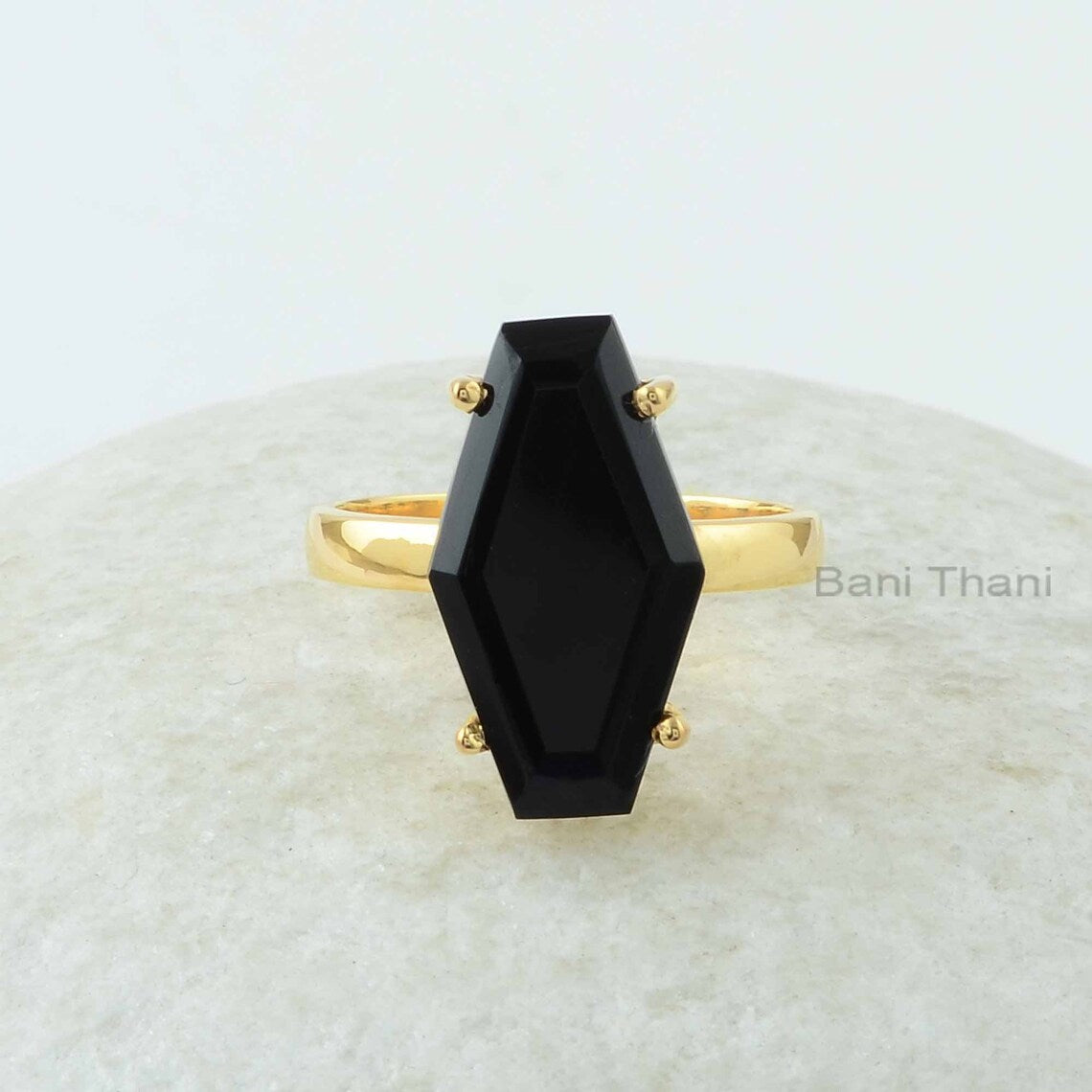 Onyx Ring, Black Onyx 10x18mm Hexagon Shape Gemstone Ring, 18k Gold Plated Prong Ring for Women, 925 Sterling Silver Ring Jewelry For Mom