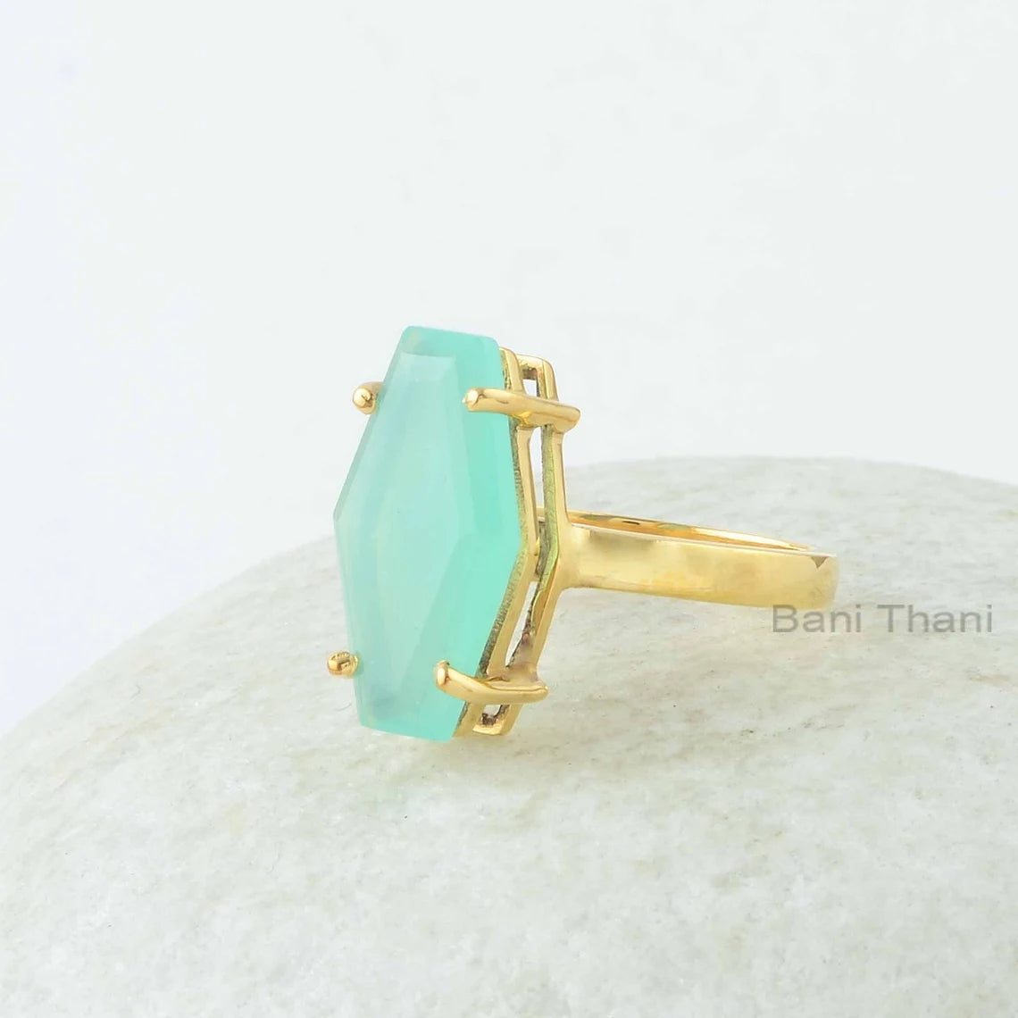 Amazing Chalcedony Ring, Aqua Chalcedony 10x18mm Hexagon Shape Gemstone Ring, 925 Silver Handmade Ring, 18k Gold Plated Prong Ring jewelry