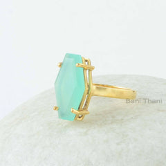 Amazing Chalcedony Ring, Aqua Chalcedony 10x18mm Hexagon Shape Gemstone Ring, 925 Silver Handmade Ring, 18k Gold Plated Prong Ring jewelry