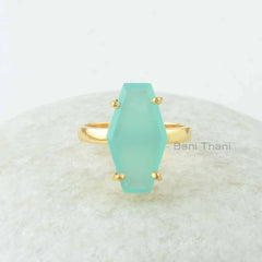 Amazing Chalcedony Ring, Aqua Chalcedony 10x18mm Hexagon Shape Gemstone Ring, 925 Silver Handmade Ring, 18k Gold Plated Prong Ring jewelry