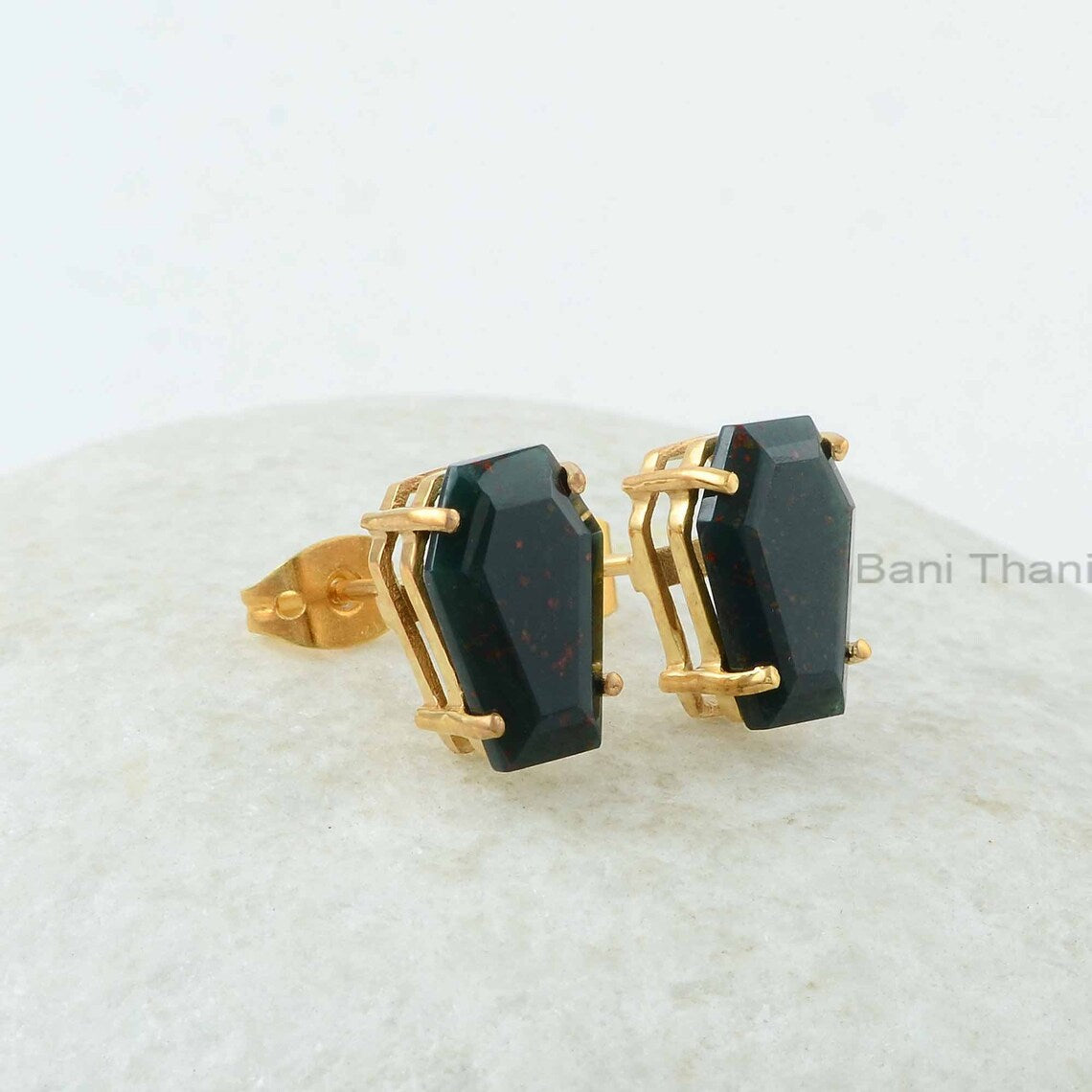 Bloodstone Earrings, Bloodstone 8x12mm Coffin Shape Gemstone Earrings, 18k Gold Plated Prong Set Studs, 925 Silver Coffin Earrings Jewelry